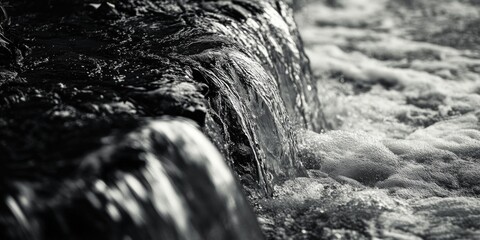 Aufkleber - A serene scene of a stream flowing through the landscape, captured in monochrome tones