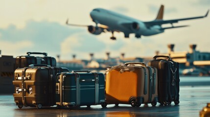 Poster - Group of suitcases and bags on an airport runway, ideal for travel or logistics concepts