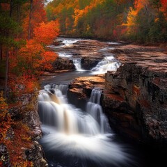 Poster - A serene waterfall surrounded by lush greenery and trees, perfect for nature scenes or adventure stories
