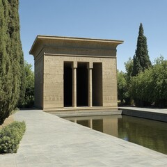 Poster - A small building with a pool in the front yard, suitable for use as a background or illustration