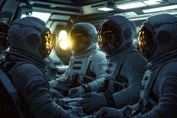 Poster - A group of astronauts relaxing in a space station, ready for their next mission