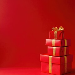 Poster - A stack of three red gift boxes with gold bows, perfect for holiday or special occasion use
