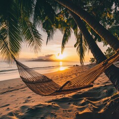 Poster - A hammock hanging from a palm tree on a sunny beach