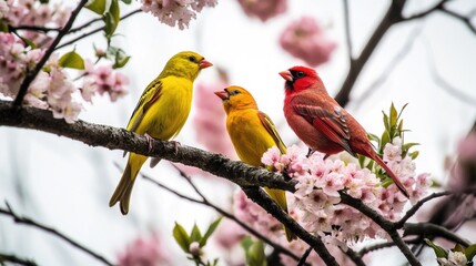 Poster - Three vibrant birds sit on a tree branch, showcasing their bright plumage and unique characteristics