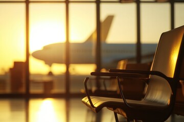 Poster - An airplane seen from inside an airport terminal, great for travel and aviation themes