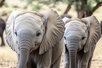 Poster - A group of elephants walking across a dry grass field, great for travel or wildlife-related images