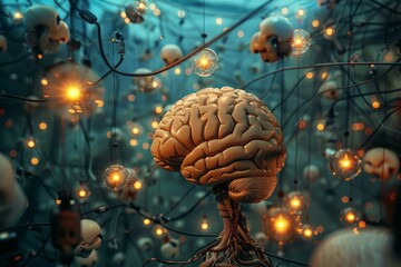 Poster - Human brain connected to network of light bulbs, symbolizing idea generation and innovation in futuristic setting