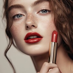 Poster - A close-up shot of a woman holding a lipstick in her hand