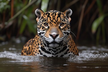 Aufkleber - A leopard swims in the water, its fur glistening with droplets of water