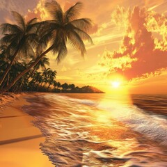 Poster - A serene sunset scene on a tropical beach with palm trees, ideal for travel or relaxation use