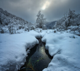 Wall Mural - small river winding through a snowy valley, snow-covered trees and bushes on cold winter day, cloudy