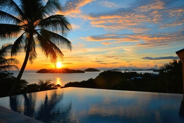 Poster - A serene scene of the sunset over a pool surrounded by palm trees