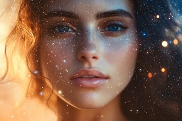Aufkleber - A close-up of a woman's face with stars shining behind her, great for representing wonder and imagination