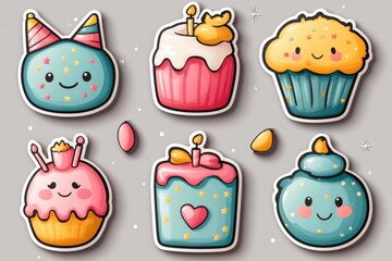 Poster - Set of colorful cartoon cupcakes with various facial expressions, perfect for illustrations and designs