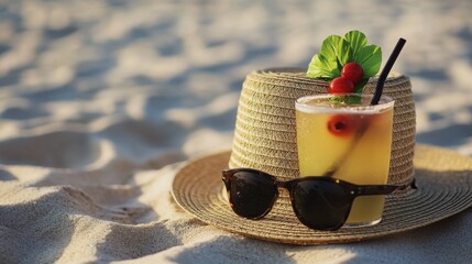 Poster - A person enjoying the sun with a straw hat, sunglasses, and a refreshing drink on a beautiful beach