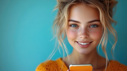 Aufkleber - A young woman holds her cell phone, likely checking messages or social media