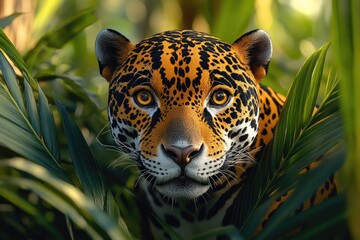 Poster - A close-up shot of a jaguar's face in its natural habitat, the jungle