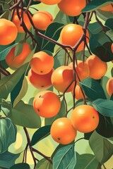 Poster - A natural still life image of a group of oranges hanging from tree branches