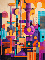 Aufkleber - Abstract geometric composition with vibrant colors and scientific shapes