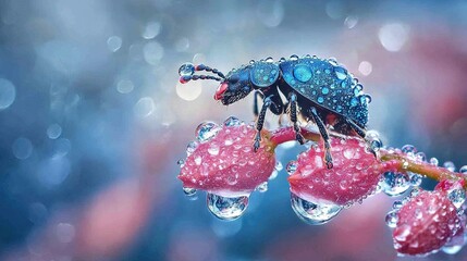 Wall Mural -   A bug perched on a pink bloom drenched in raindrops, with droplets adorning its petals