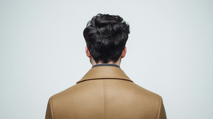 Back view of handsome young man with black hair wearing a vintage retro stylish fashion brown coat, isolated on white background. fashionable businessman model in autumn clothes.