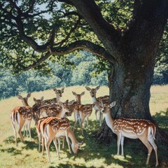 Aufkleber - A group of deer grazing near a large tree