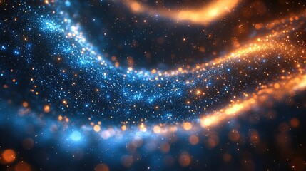 Poster - Space scene featuring a bright blue and yellow galaxy with stars in the background, suitable for use in scientific or technological contexts