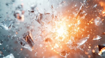 Poster - 3D rendered scene of hmpv particles surrounded by shattered glass with dramatic lighting and motion blur for highimpact effect