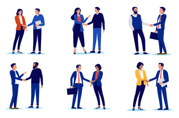 Poster - People handshake collection - Set of vector illustrations with businesspeople shaking hands in office or at work over business agreement, deal and cooperation. Flat design with white background
