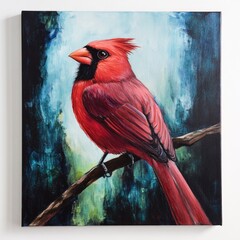 Poster - A red bird sitting on a tree branch, looking around