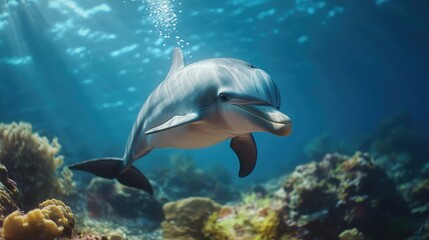 Aufkleber - A dolphin swims through the ocean surrounded by schools of fish, great for underwater or marine-themed images