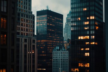 Poster - Tall buildings illuminated at night in a city