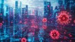 © SaroStock - futuristic digital grid overlaid with Human metapneumovirus Virus hmpv particles glowing in neon red and blue representing the spread of hmpv through hightech cityscape