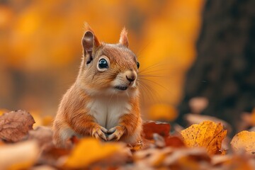 Poster - A small squirrel perched on top of a pile of leaves, ready to jump away