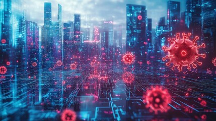 Poster - futuristic digital grid overlaid with Human metapneumovirus Virus hmpv particles glowing in neon red and blue representing the spread of hmpv through hightech cityscape
