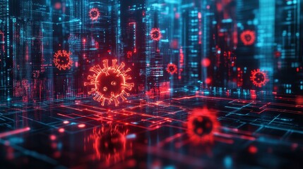 Poster - futuristic digital grid overlaid with Human metapneumovirus Virus hmpv particles glowing in neon red and blue representing the spread of hmpv through hightech cityscape