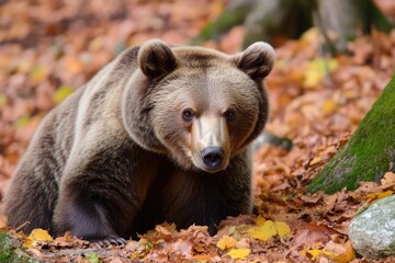 Poster - A large brown bear sits atop a pile of leaves, waiting to be photographed