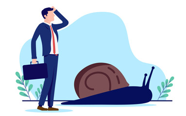 Aufkleber - Slow boring business - Frustrated businessman holding hand in face, feeling bored and unsatisfied for lack of progress and growth in bureaucracy. Flat design vector illustration on white background