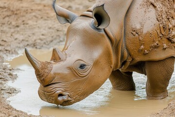 Aufkleber - A close-up shot of a rhino in a muddy environment, perfect for wildlife or nature-themed projects