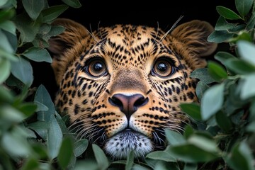 Poster - A close-up view of a leopard's face peeking out of a bush