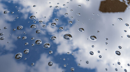 Poster - Raindrops on a shiny surface reflecting the sky