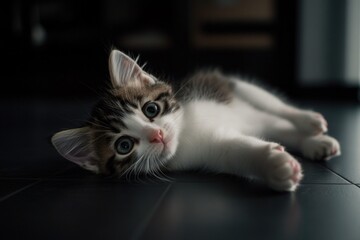 Poster - A curious kitten lying on the floor with its eyes focused on the camera