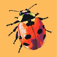 Poster - A ladybug sits on a bright yellow background, its red and black shell standing out