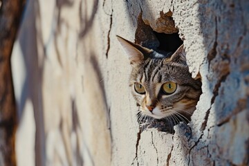 Poster - A curious cat looking out from a hole in a tree trunk