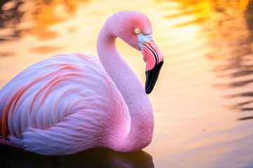 Poster - A single pink flamingo sits peacefully on the surface of calm water, its feathers glistening in the sunlight