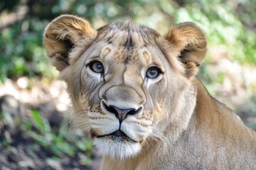 Poster - A close-up shot of a lion's face with a blurry background