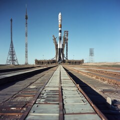 Poster - A rocket sits on top of a train track in this unique scene