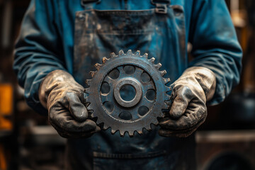 Fototapete - Mechanic demonstrates expertise while holding a sprocket in vibrant workshop