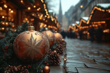 Poster - Colorful Christmas street decorations and lights in the background