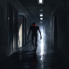 Wall Mural - A person walks down a hallway with a red light on their face, possibly for a medical or emergency situation